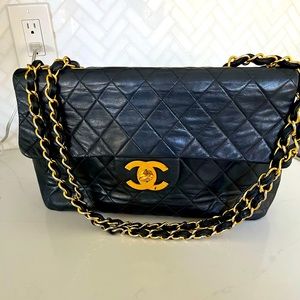 Black leather Chanel flag bag maxi or jumbo size. Great value-gold hardware